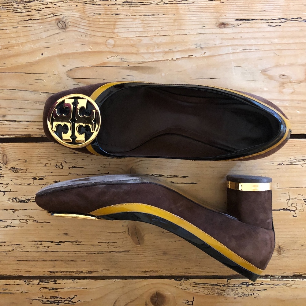 Used Tory Burch Brown Suede Logo Pumps 39.5